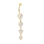 Real Gold belly button ring with four heart-shaped CZ gemstones on a white background