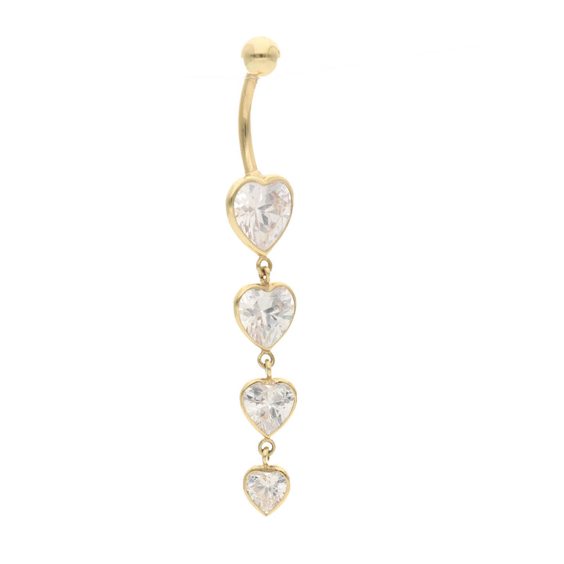 Real Gold belly button ring with four heart-shaped CZ gemstones on a white background