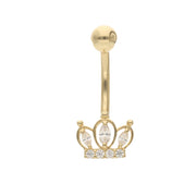 Gold belly button ring with crown design and clear stones on a white background