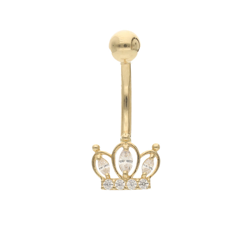Gold belly button ring with crown design and clear stones on a white background