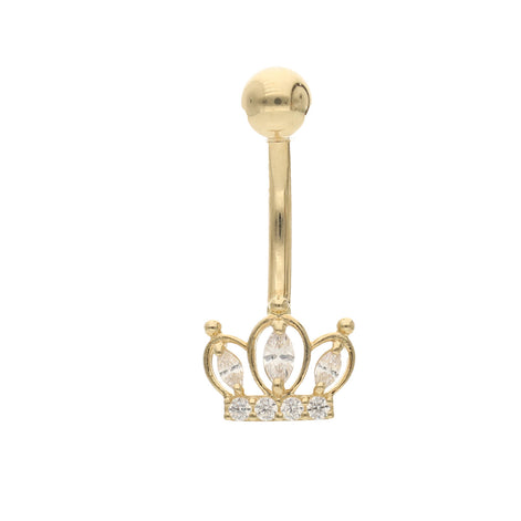 Gold belly button ring with crown design and clear stones on a white background