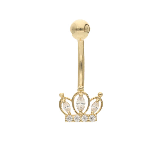 Gold belly button ring with crown design and clear stones on a white background