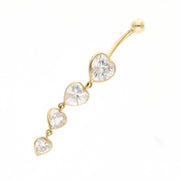 Real Gold belly button ring with four heart-shaped CZ gemstones on a white background