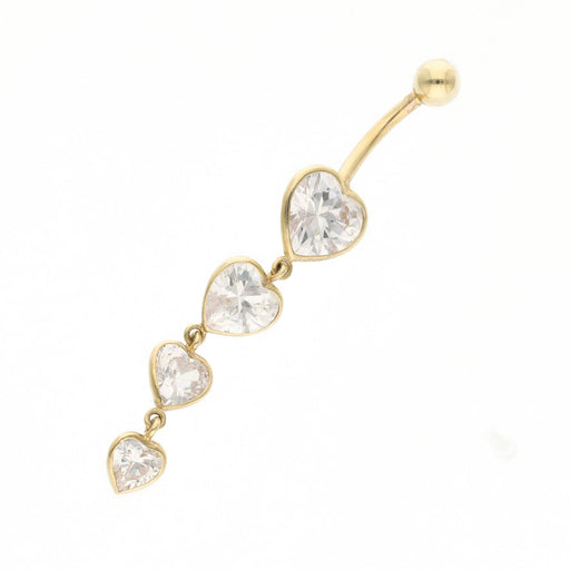 Real Gold belly button ring with four heart-shaped CZ gemstones on a white background