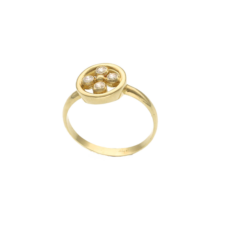 Yellow gold ring with a flower-shaped design featuring a central cubic zirconia, surrounded by smaller clear crystals set in a yellow gold band on white background.