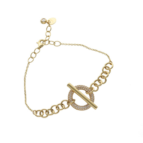 14K yellow gold round Rolo chain bracelet for women with circular links and adjustable extension on white backgroun