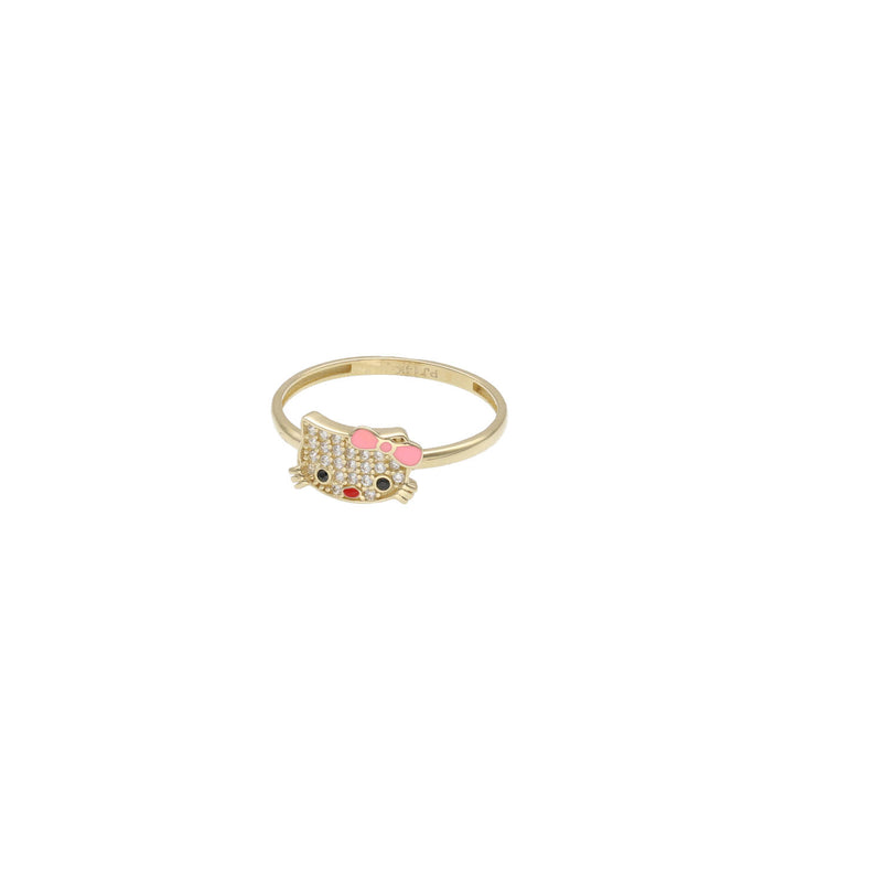 Kitty Gold Ring with the shape of a kitty. The kitty is set with stones while the bow is pink , the eyes are round and red nose on white background.