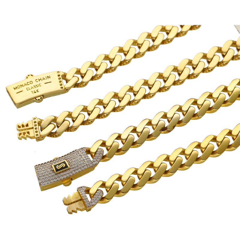14k Gold Cuban Link Monaco Necklaces CZ Lock