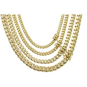 Four 10K gold Miami Cuban chains showing different widths and box lock security clasps
