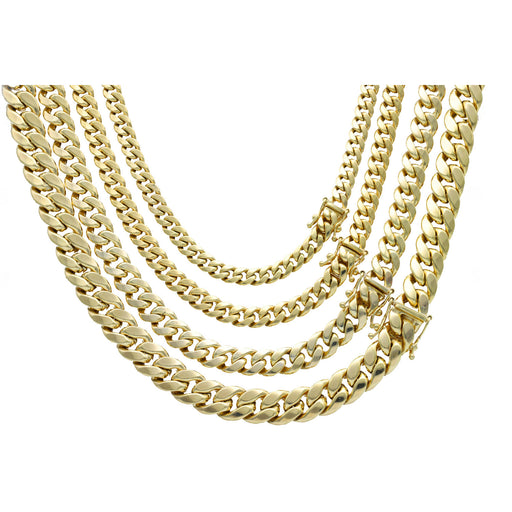 Four 10K gold Miami Cuban chains showing different widths and box lock security clasps