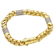 Close-up of Monaco Rondo pattern in 10K gold bracelet showing Franco link evolution and cubic zirconia stones