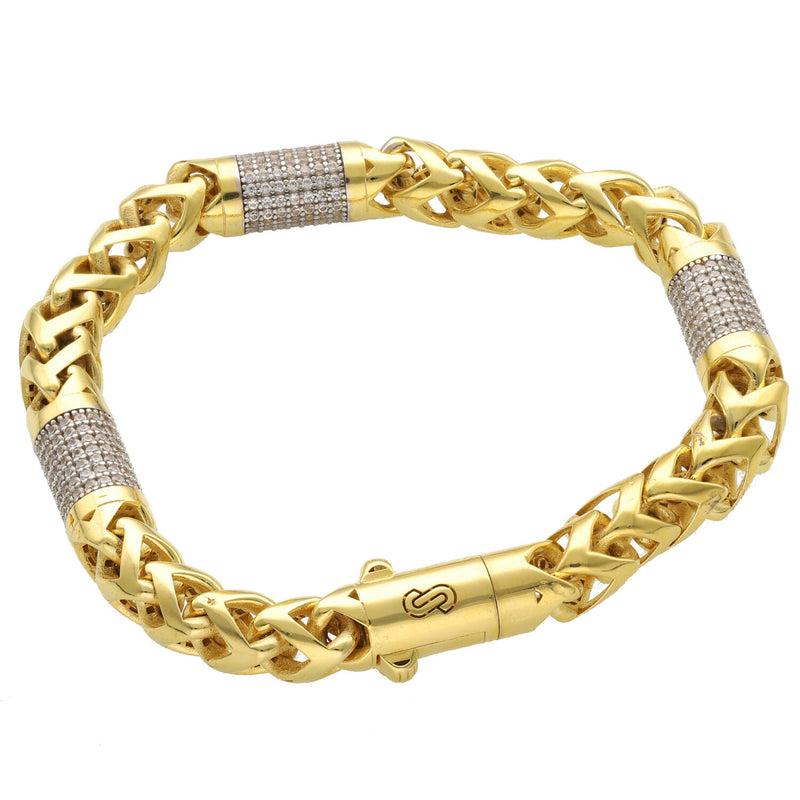 Close-up of Monaco Rondo pattern in 10K gold bracelet showing Franco link evolution and cubic zirconia stones