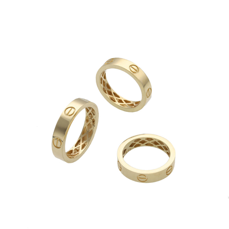 A picture of the 14 Karat real gold screw head 5MM  band in three different angles   that show a strong mesh inside the band  to make it look bold and luxurious set on a white background. Shop VEKA JEWELRY
