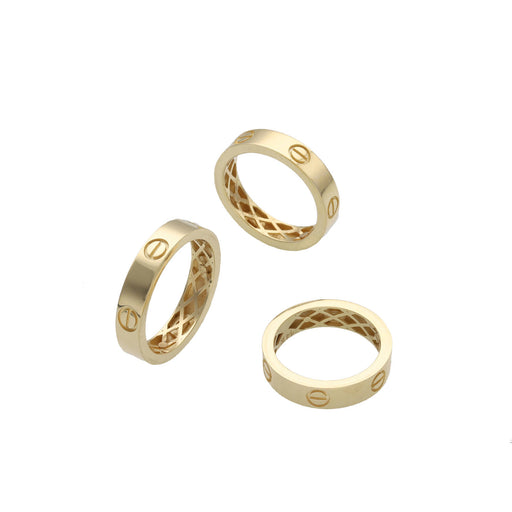 A picture of the 14 Karat real gold screw head 5MM  band in three different angles   that show a strong mesh inside the band  to make it look bold and luxurious set on a white background. Shop VEKA JEWELRY