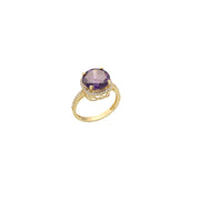 Synthetic Amethyst Gem on a Real 14 Karat Yellow gold ring. The gem is big and it is adorned with cubic zirconium stones.