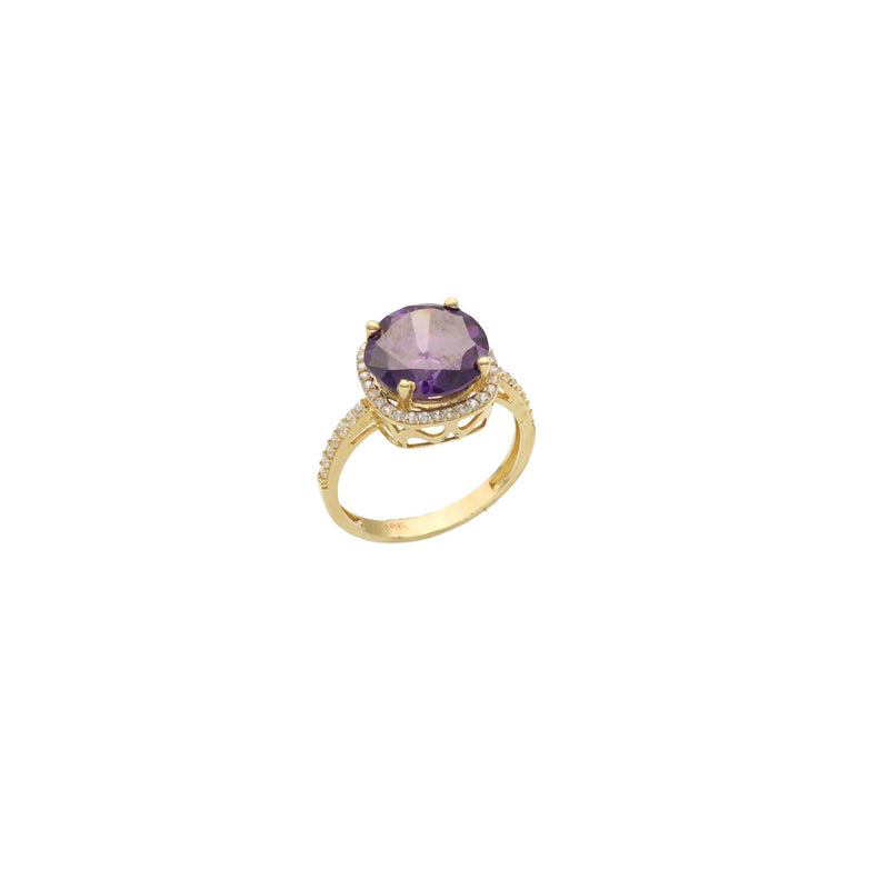 Synthetic Amethyst Gem on a Real 14 Karat Yellow gold ring. The gem is big and it is adorned with cubic zirconium stones.