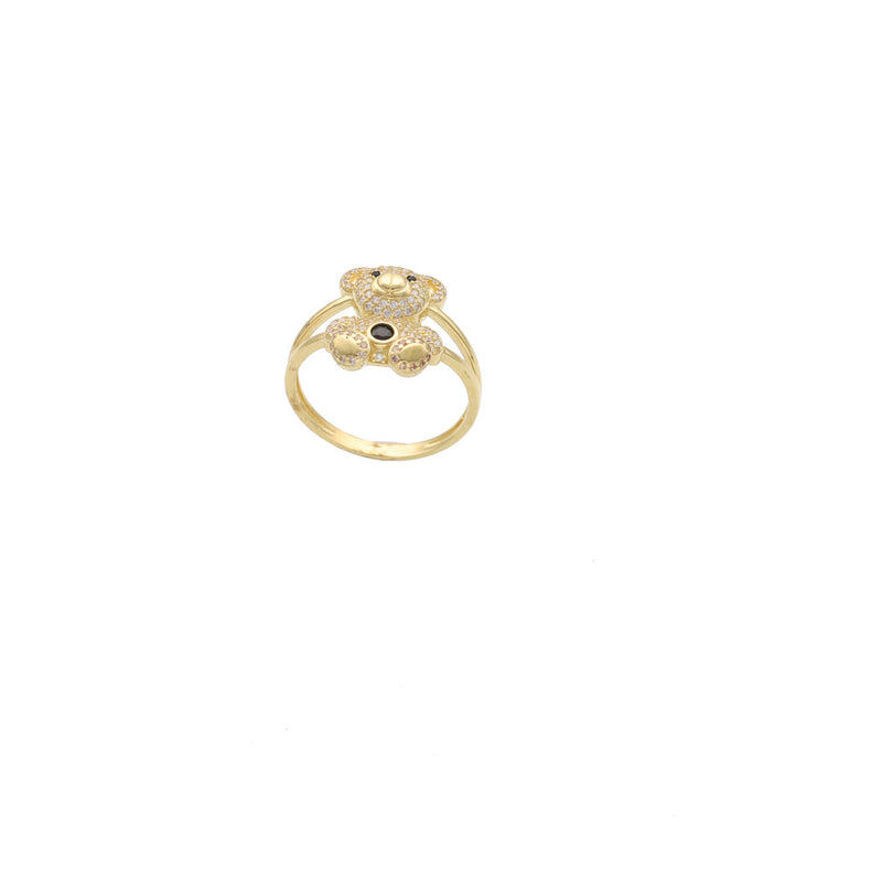 A Mid view angle for a Real Gold Teddy Bear with black eyes and stones in its full body. It is build on a thin band that joins the bear in 4 points. 