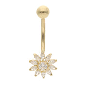 Gold belly button ring with a star-shaped gemstone on a white background