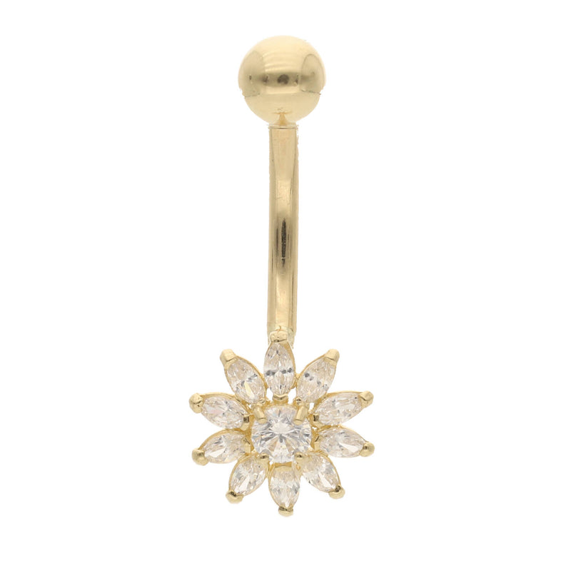 Gold belly button ring with a star-shaped gemstone on a white background