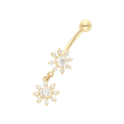 Real 14k Gold  not plated belly button ring with snowflake-shaped pendants on a white background