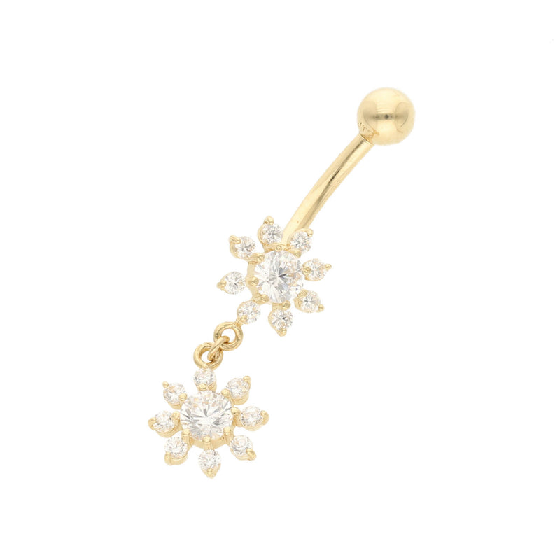Real 14k Gold  not plated belly button ring with snowflake-shaped pendants on a white background