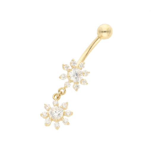 Real 14k Gold  not plated belly button ring with snowflake-shaped pendants on a white background