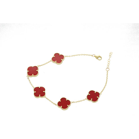 10K gold clover bracelet with red carnelian color stones featuring four leaf clover charms - lucky charm bracelet for women by Veka Jewelry