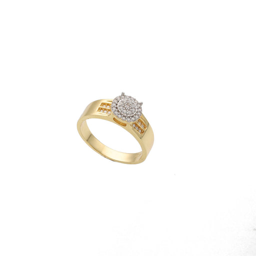 A sophisticated 14 Karat Gold ring featuring a central circular cluster of sparkling stones, with additional stones embedded along the band, set against a neutral gray background.
