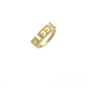 Royal Yellow 10 Karat Gold Queen Ring featuring a luxe 2025 jewelry design with "queen" inscribed and a smooth, stone-free finish, set against a white background.