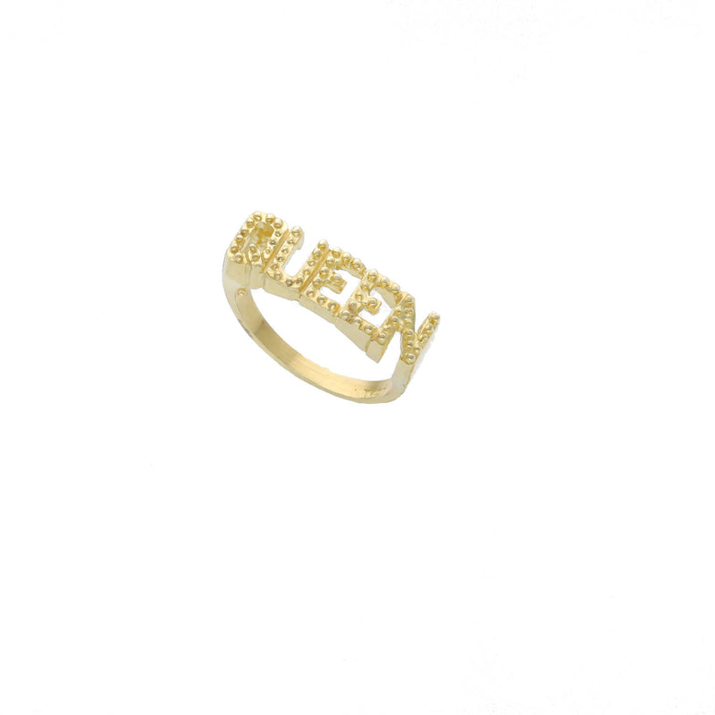 Royal Yellow 10 Karat Gold Queen Ring featuring a luxe 2025 jewelry design with "queen" inscribed and a smooth, stone-free finish, set against a white background.
