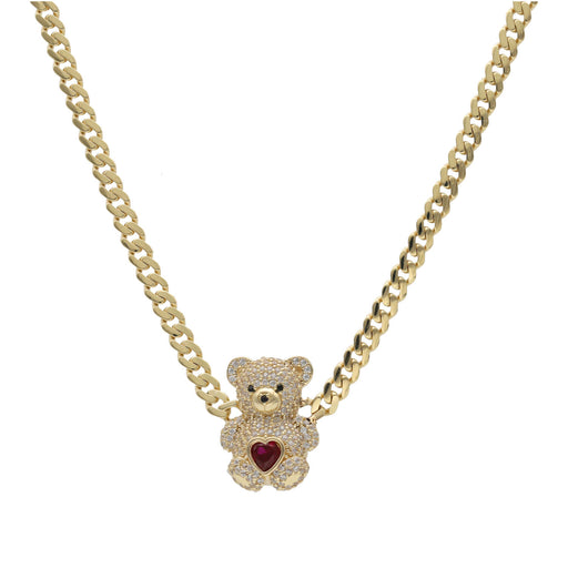 Gold chain necklace with a teddy bear pendant featuring a red heart on a white background
