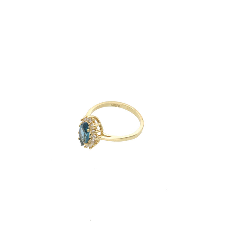 14K yellow gold blue zircon ring with clear accent stones in halo setting - sapphire blue birthstone ring by VEKA JEWELRY