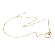 A 14 karat gold necklace featuring a screw head design with two rings, on a white background.