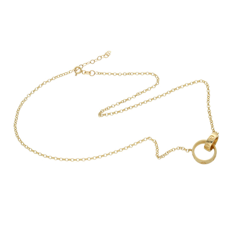 A 14 karat gold necklace featuring a screw head design with two rings, on a white background.