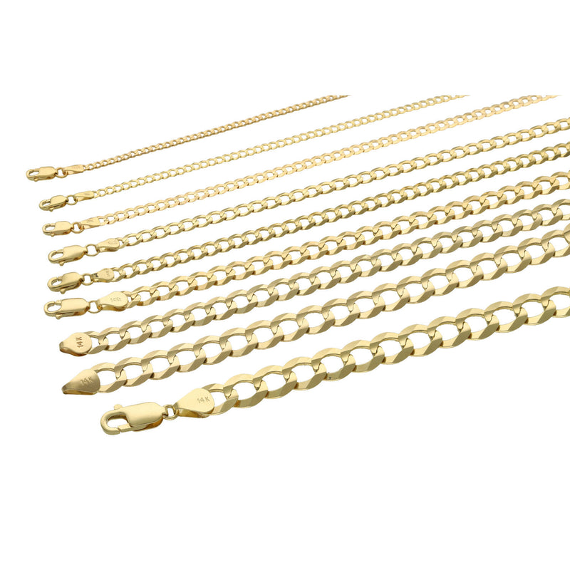 14k Solid Real Gold Italian Curb Cuban link Chains in different sizes from thinnest to widest. 