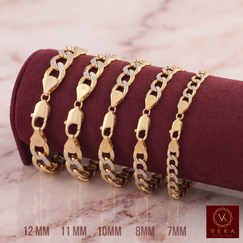 Five Solid 2 Tone Pavé SolidGold Cuban Link Men Bracelet | Real Italian Gold Curb Chain | 10K Gold  displayed on a dark burgundy velvet cylinder. The image shows size labels at the bottom (12MM, 11MM, 10MM, 8MM, 7MM) and a Veka brand logo in the bottom right corner.