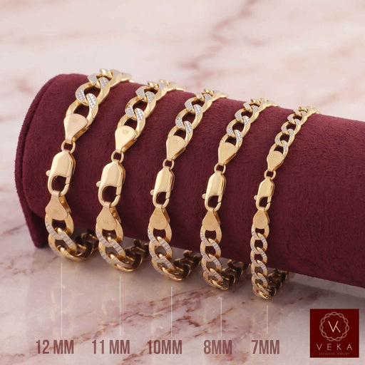 Five Solid 2 Tone Pavé SolidGold Cuban Link Men Bracelet | Real Italian Gold Curb Chain | 10K Gold  displayed on a dark burgundy velvet cylinder. The image shows size labels at the bottom (12MM, 11MM, 10MM, 8MM, 7MM) and a Veka brand logo in the bottom right corner.