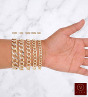 Five 10k Real Solid gold two toned italian curb chain bracelets displayed on a person's wrist against a white marble background, with size labels above each bracelet reading 12MM, 11MM, 10MM, 8.5MM, and 7MM.
