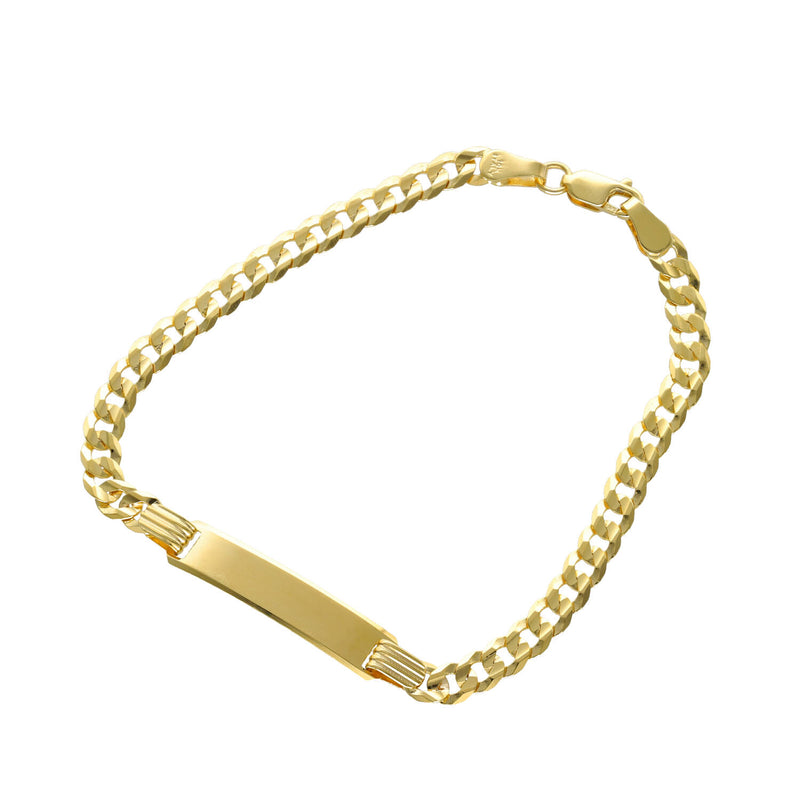 A 14 Karat Gold Italian Curb customizable ID Bracelet with lobster lock for children displayed on a white background.