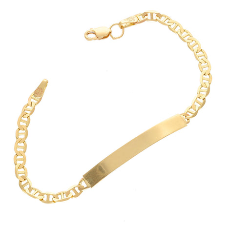 A 10 karat solid gold mariner ID bracelet with a length of 6 inches and a thickness of 3.5mm.