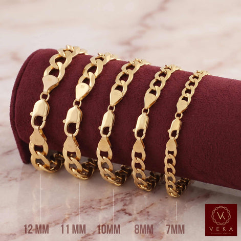 Five gold-toned Italian Cuban Solid link chain bracelets displayed on a dark burgundy cylindrical stand, with size labels below indicating 12MM, 11MM, 10MM, 8MM, and 7MM. A Veka Jewelry brand logo is visible in the bottom right corner.