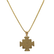10 Karat real yellow gold Franco chain with St Benito San Benedict medal charm set showing the back of the medal.
