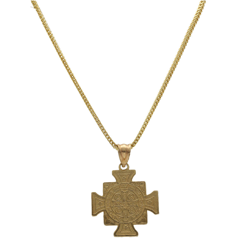 10 Karat real yellow gold Franco chain with St Benito San Benedict medal charm set showing the back of the medal.