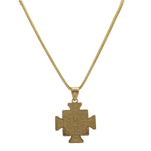 10 Karat real yellow gold Franco chain with St Benito San Benedict medal charm set showing the back of the medal.