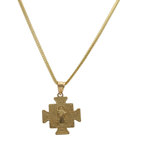 10 Karat real yellow gold Franco chain with St Benito San Benedict medal charm set