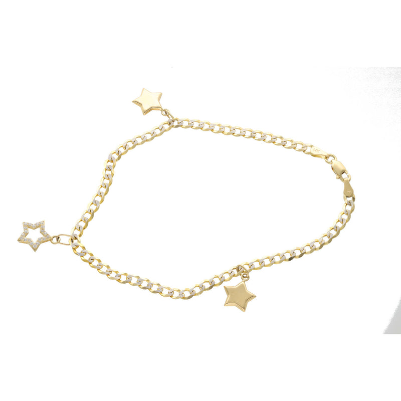 A 14 Karat gold Italian curb pave star Charm anklet with zirconia bracelet length 10 inches, featuring a chain link design and star charms.