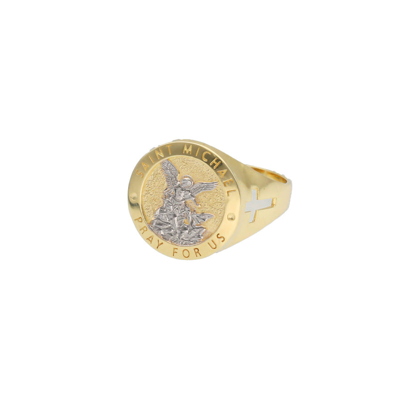A tilted studio product photograph of the 10K Two-Tone Gold Saint Michael Signet Ring, showing the central medal face with the St. Michael design and a profile view of the inner band