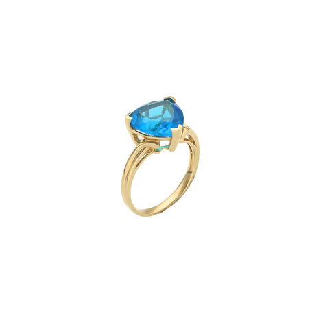 A 14 karat gold ring with a blue topaz center stone in a trilliant cut, set in a yellow gold band.