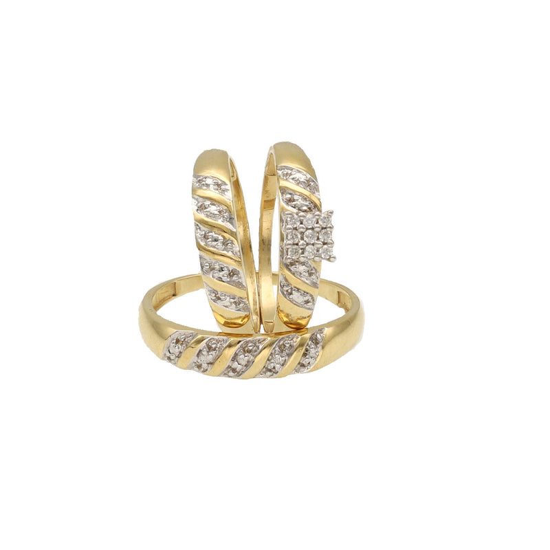 Diamonds Square Lined Wedding Trio Set Rings
