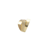 A close up image of a Ring with a Triple Band Stone Accent Ring featuring overlapping bands with embedded diamond-like accent, set against a white back ground on a side view.